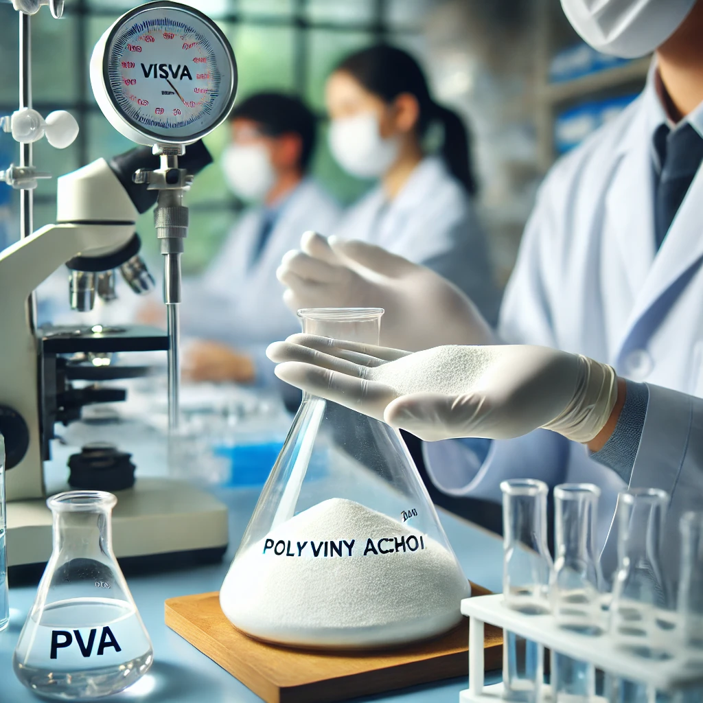 Quality control laboratory technicians test PVA samples for