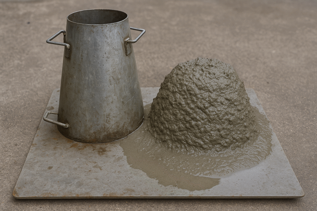 Slump test showing wet concrete