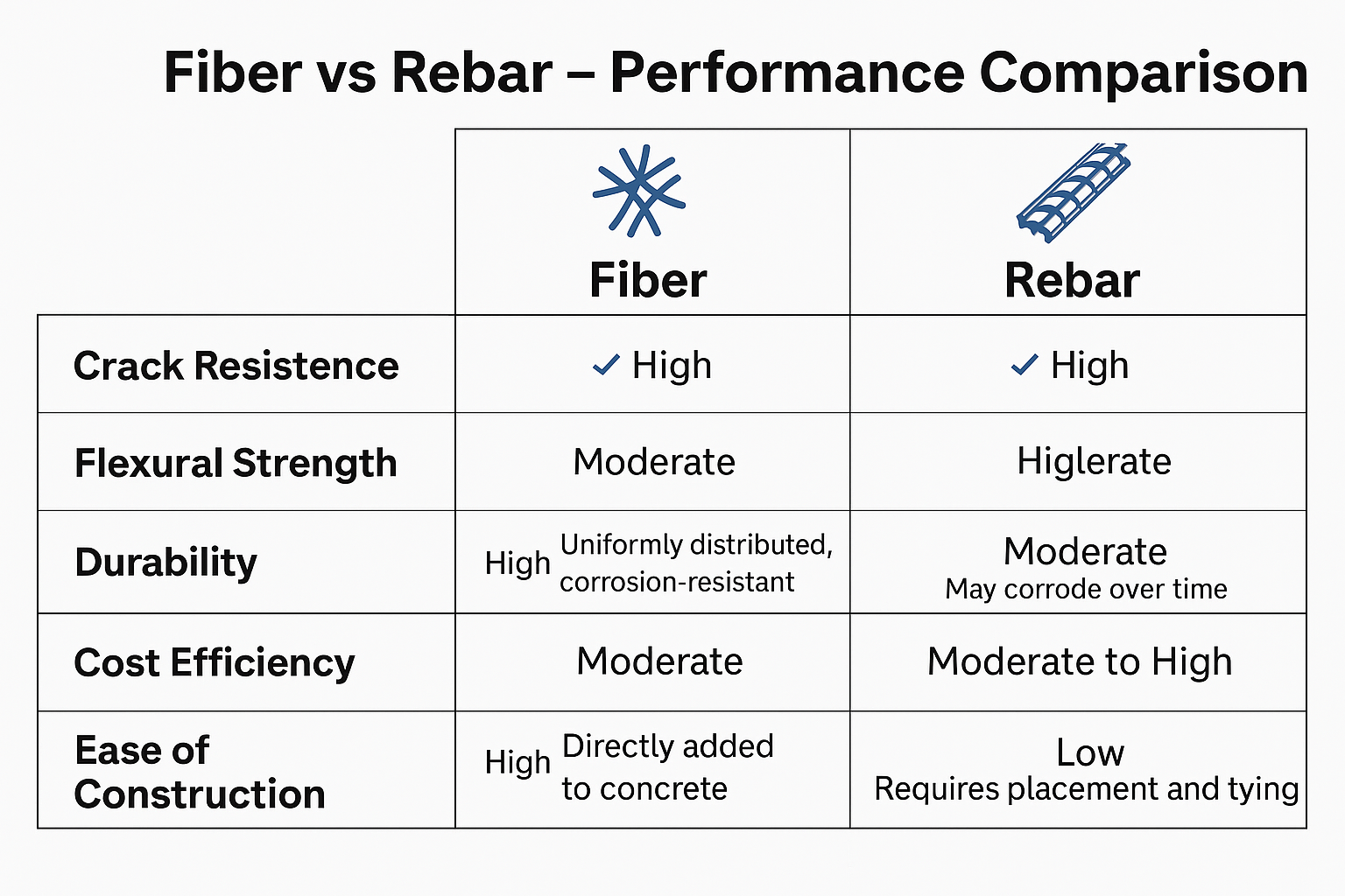 Comparison chart of fiber vs rebar performance