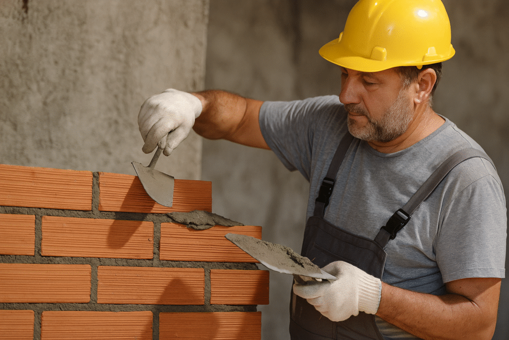 Construction worker applying mortar to bricks