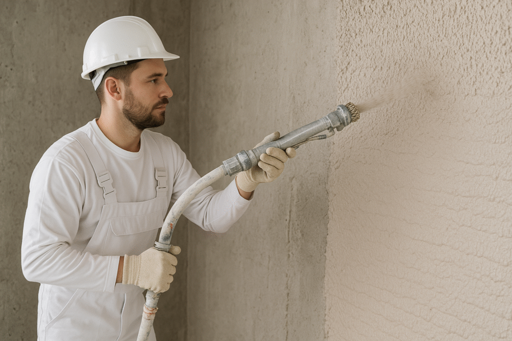 machine spray gypsum plaster application