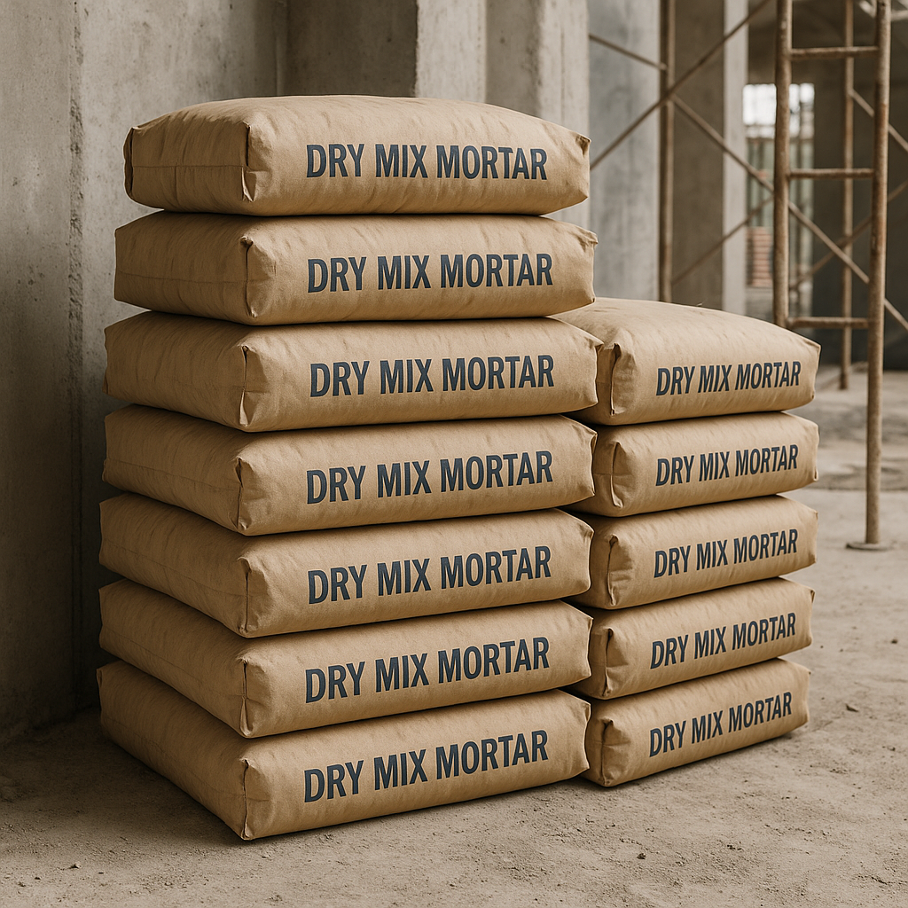 Dry mix mortar bags on construction site