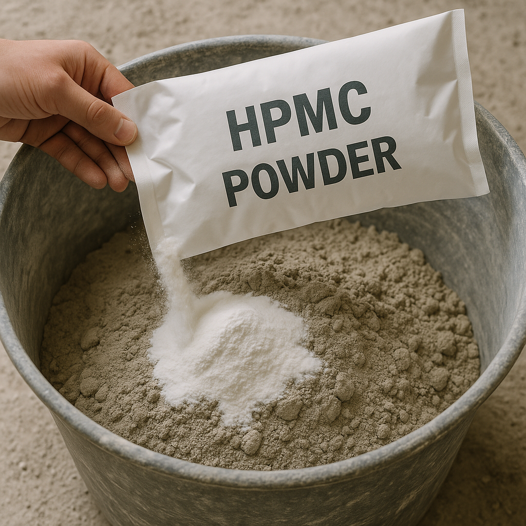 HPMC powder being added to dry mix mortar