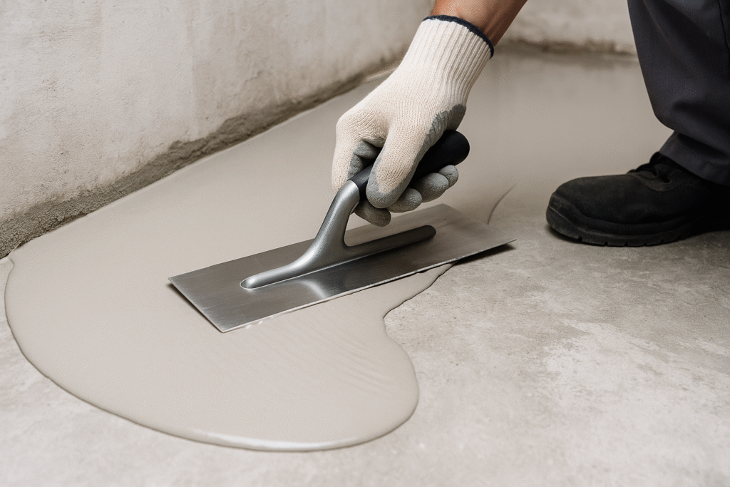 Professional applying self-leveling compound on concrete floor cementitious self-leveling compound application