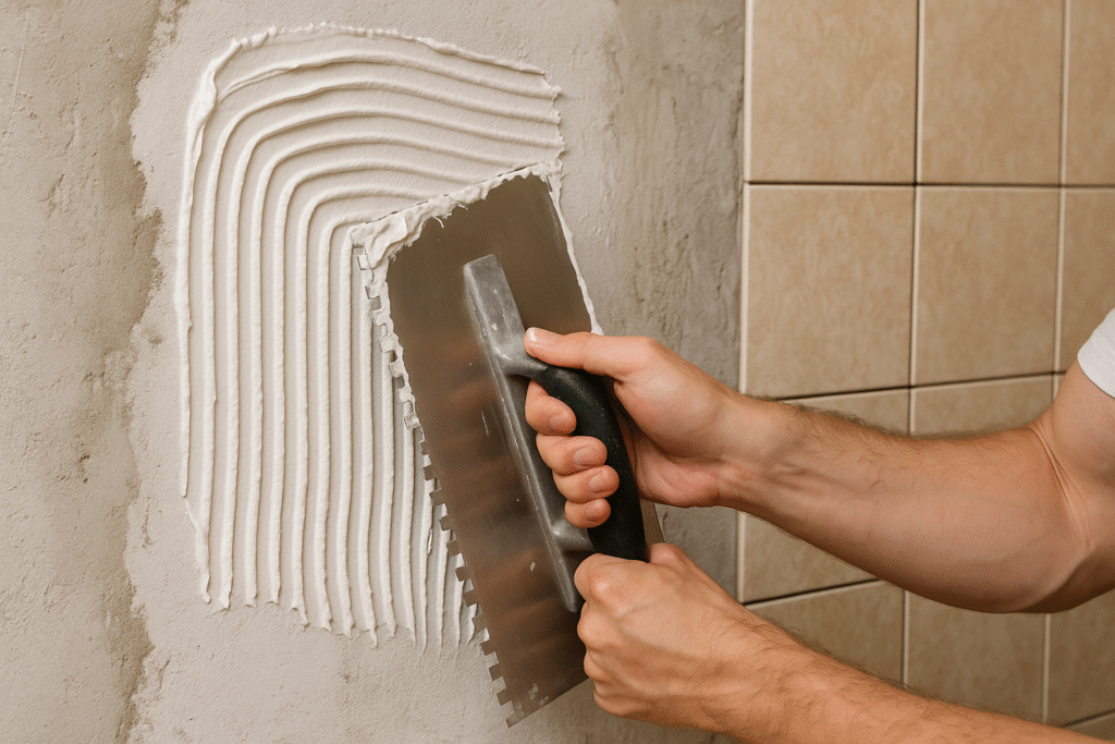 Organic mastic being applied to a wall organic mastic application