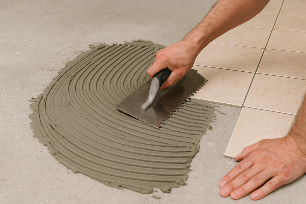 Application of thin-set mortar on a floor thin-set mortar application