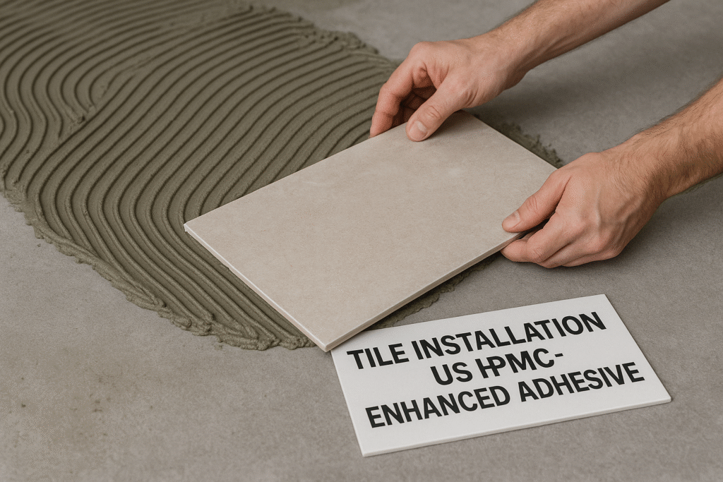 Tile installation using HPMC-enhanced adhesive