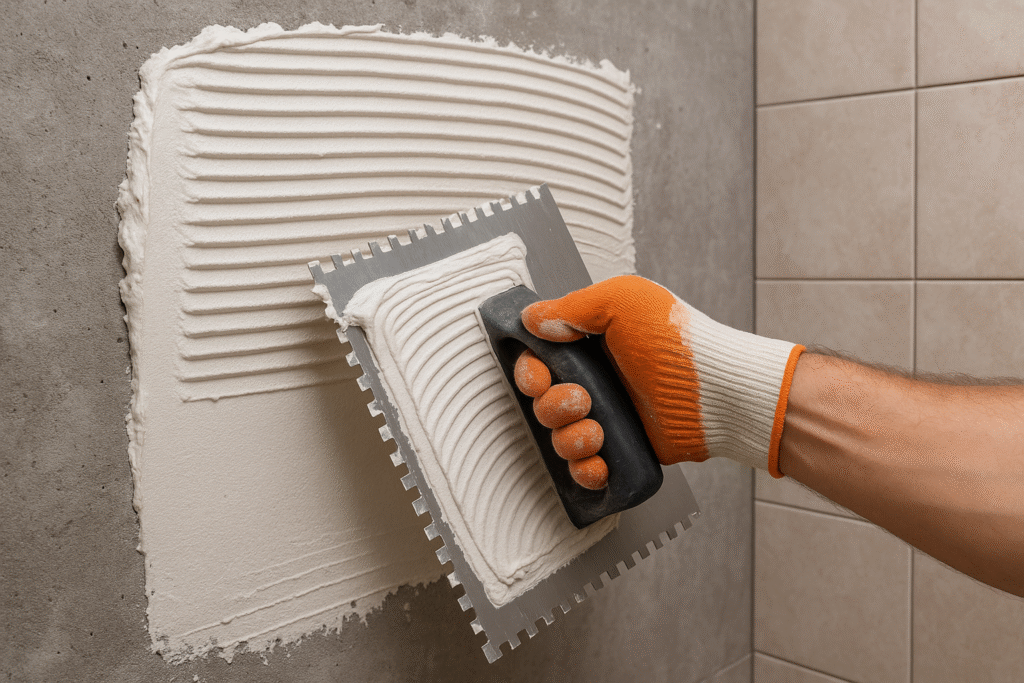 Shower tile adhesive application