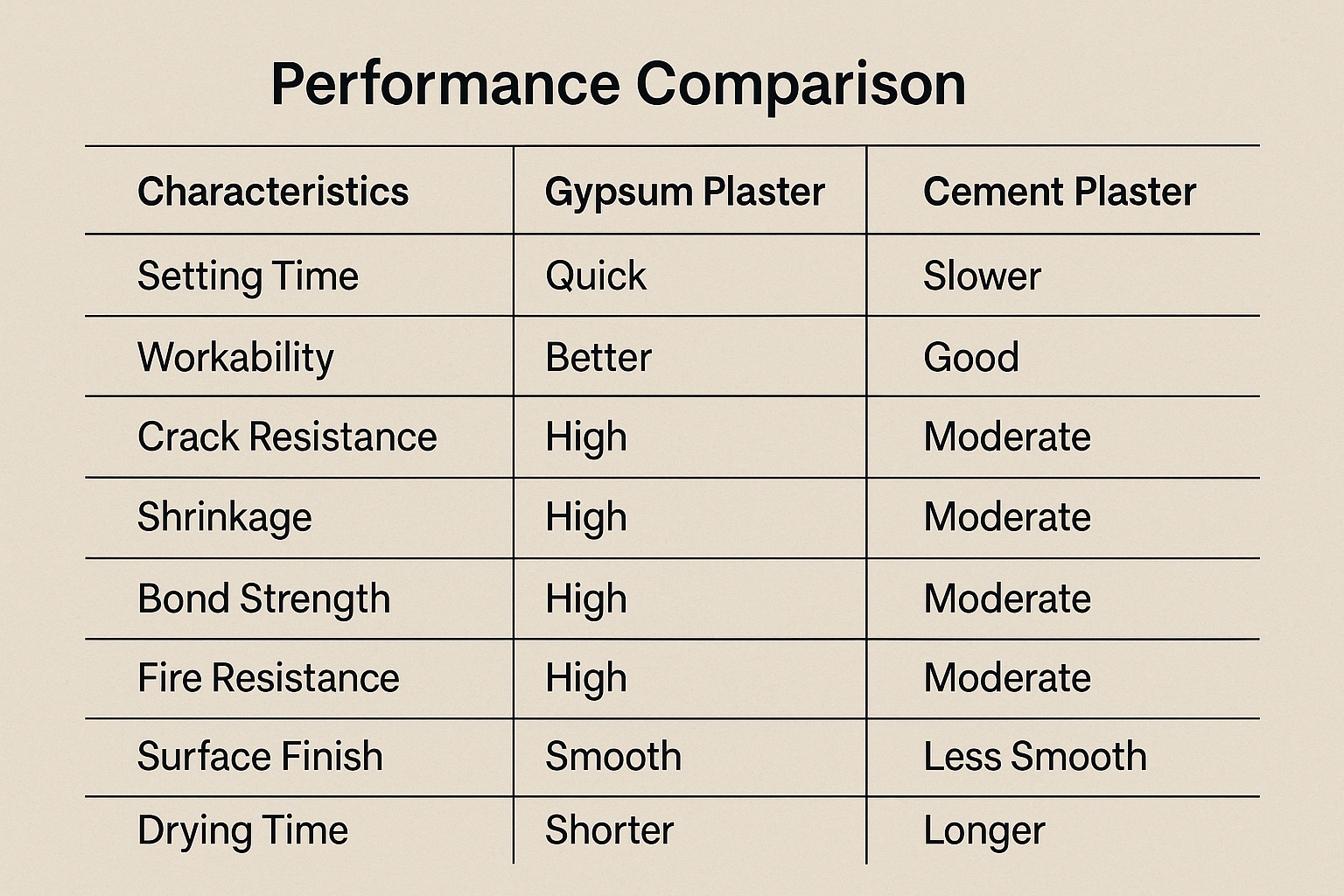 comparison chart of gypsum versus cement plaster benefits