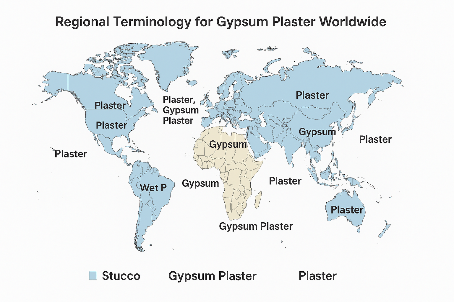 global map showing regional names for gypsum plaster