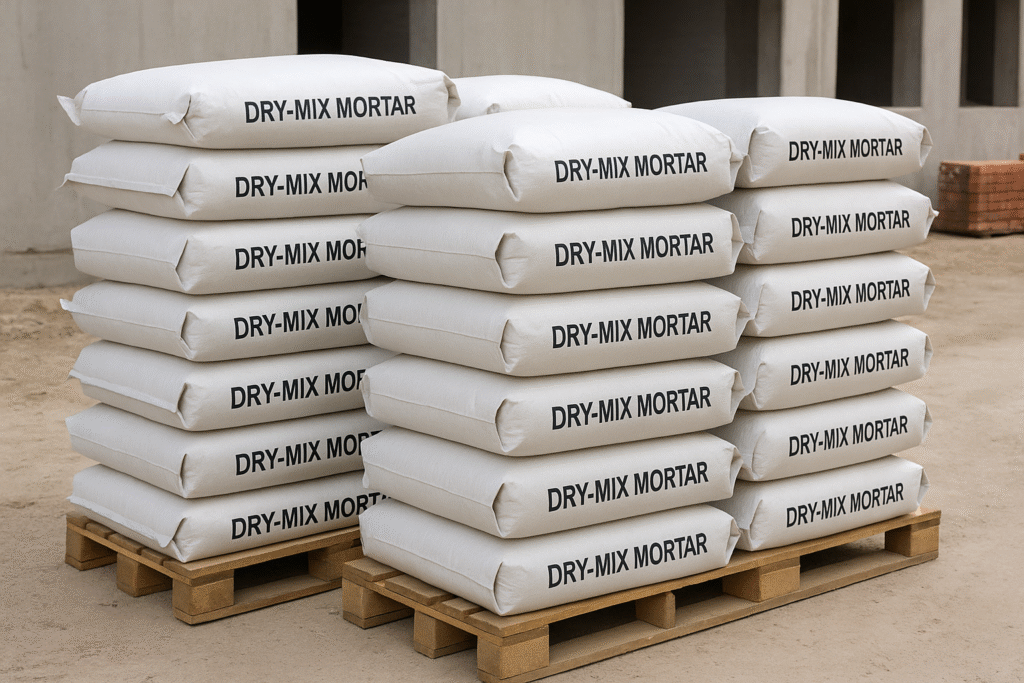 dry-mix mortar bags stacked at construction site