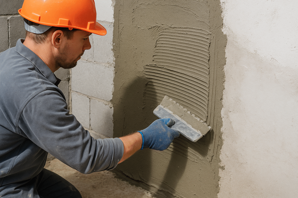 construction worker applying dry-mix mortar
