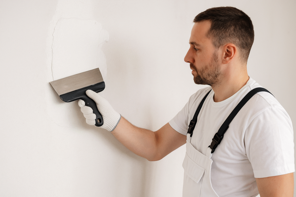 Professional applying gypsum putty on interior wall gypsum putty application on wall