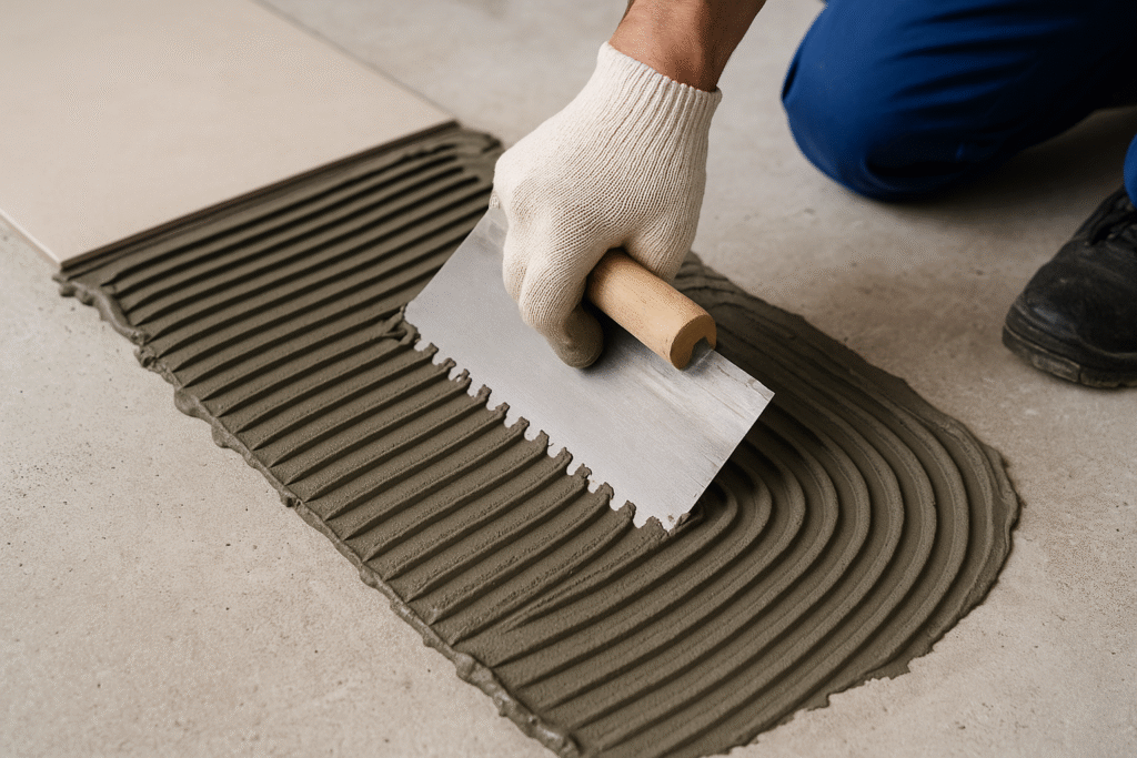 Professional applying ceramic tile adhesive ceramic tile adhesive application