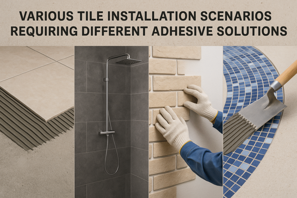 Various tile installation scenarios requiring different adhesive solutions different tile applications