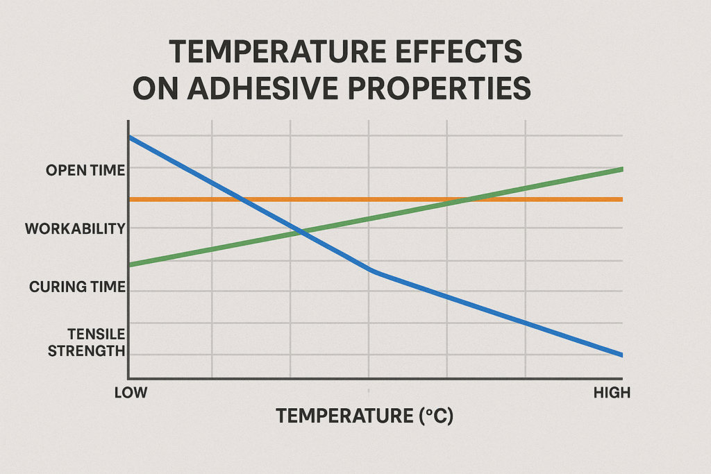 Graph showing how temperature affects key adhesive properties temperature effect chart on adhesive properties