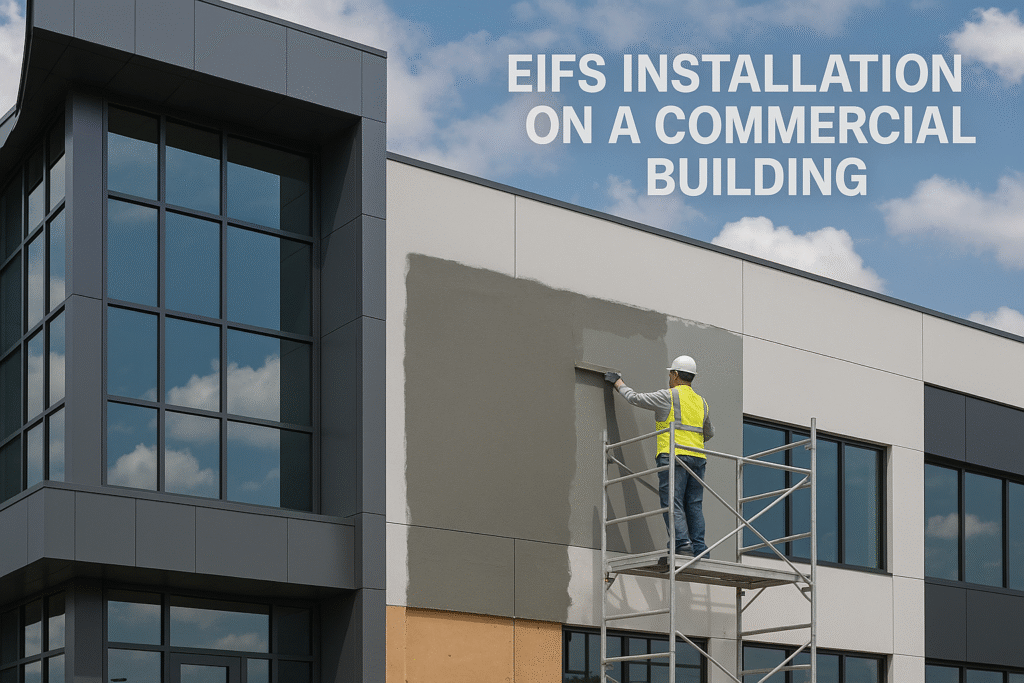 EIFS being applied to a modern commercial structure EIFS installation on a commercial building