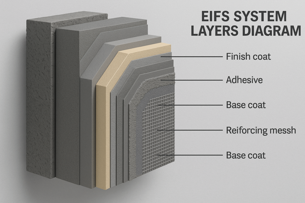 Detailed cross-section of EIFS showing all components EIFS system layers diagram