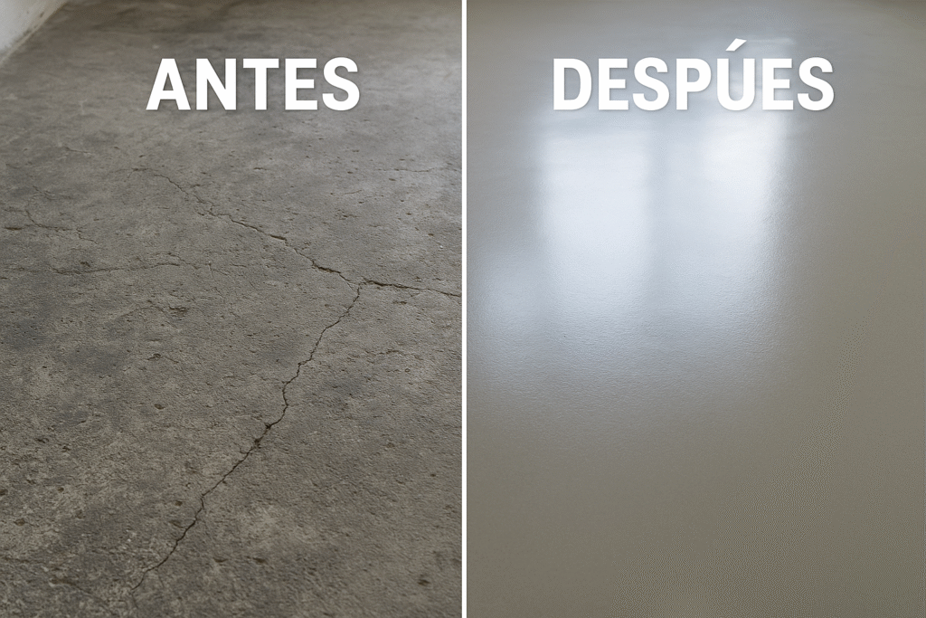 Resultados de aplicación de compuesto autonivelante Comparación de piso antes y después de aplicar autonivelante
