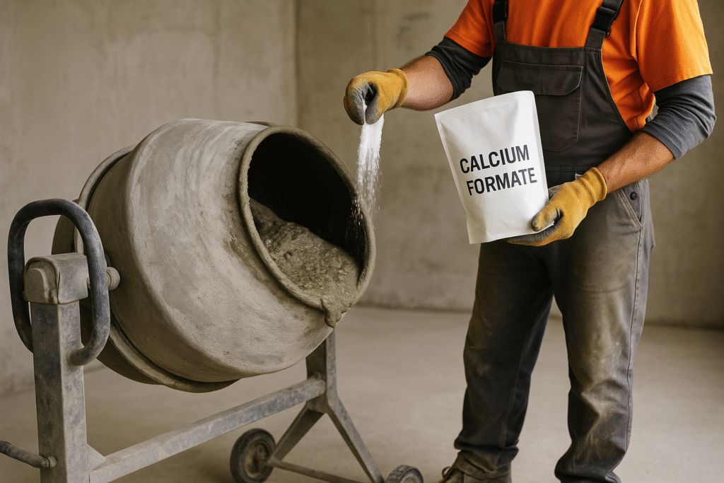 Calcium formate being mixed into concrete Construction worker adding calcium formate to concrete mix