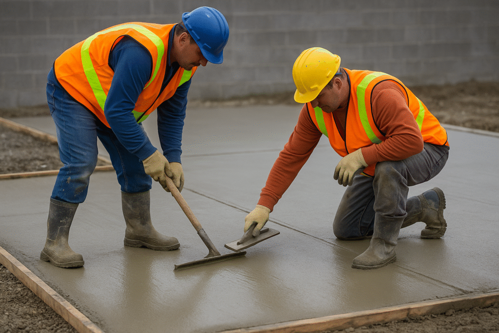 Early strength development with calcium formate Workers finishing concrete treated with calcium formate