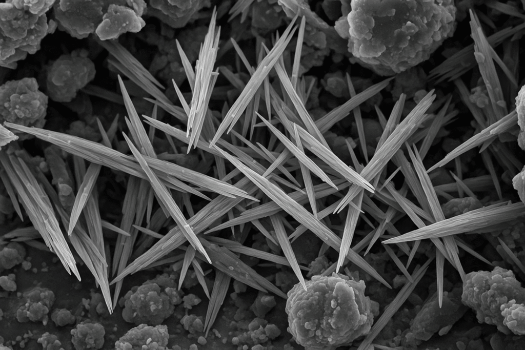 Calcium silicate hydrate formation in concrete Microscopic image of calcium silicate hydrate crystals in concrete