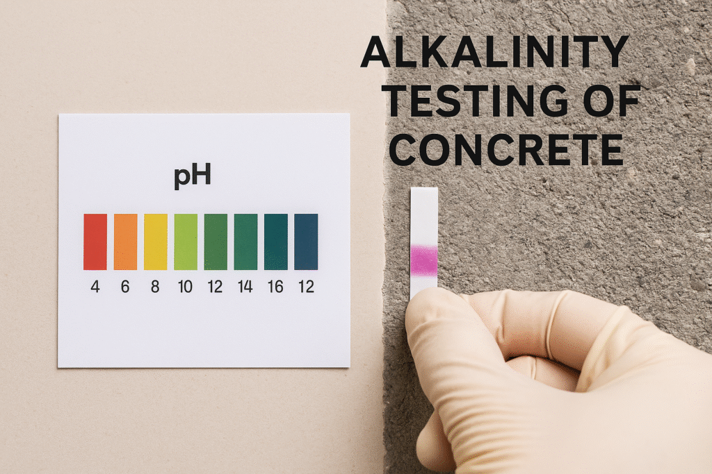 Alkalinity testing of concrete pH indicator test showing alkalinity in concrete