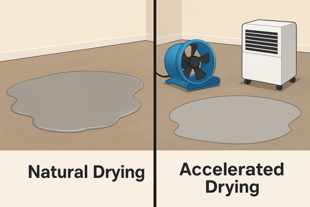 accelerating self leveler drying with fans and dehumidifier