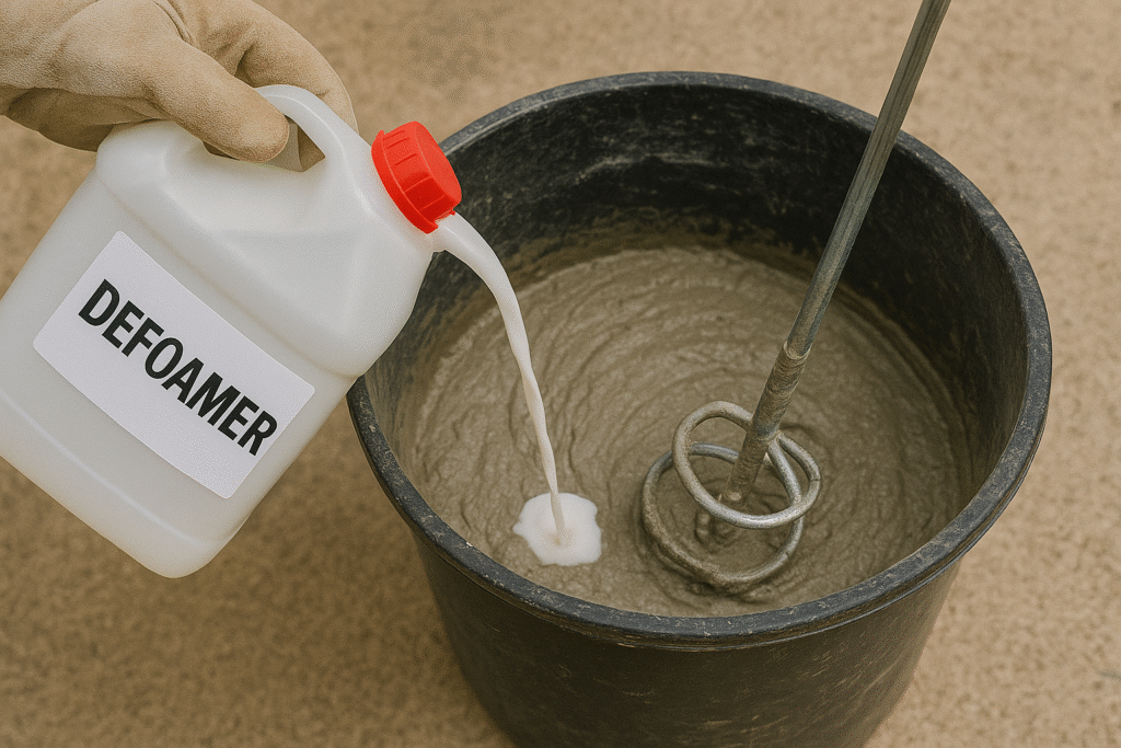 Defoamer being added to mortar mixture Defoamer additive being mixed into mortar