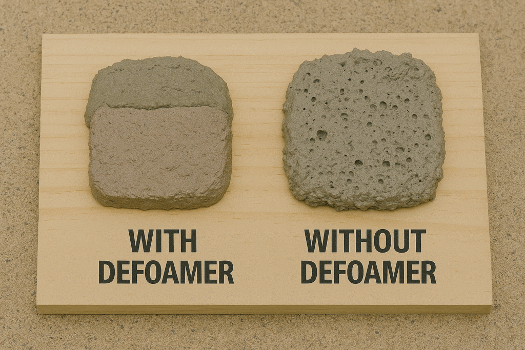 Density comparison: mortar with defoamer (left) vs. without (right) Comparison of mortar samples with and without defoamer