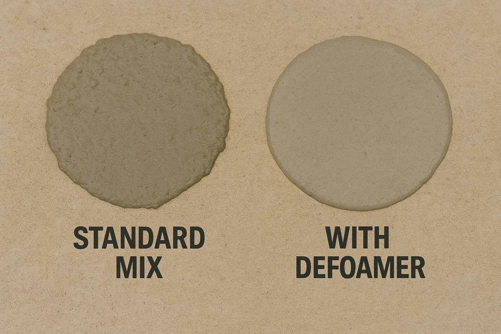 Flow comparison of mortar with defoamer (right) vs. standard mix (left) Fluidity test comparing mortar with and without defoamer