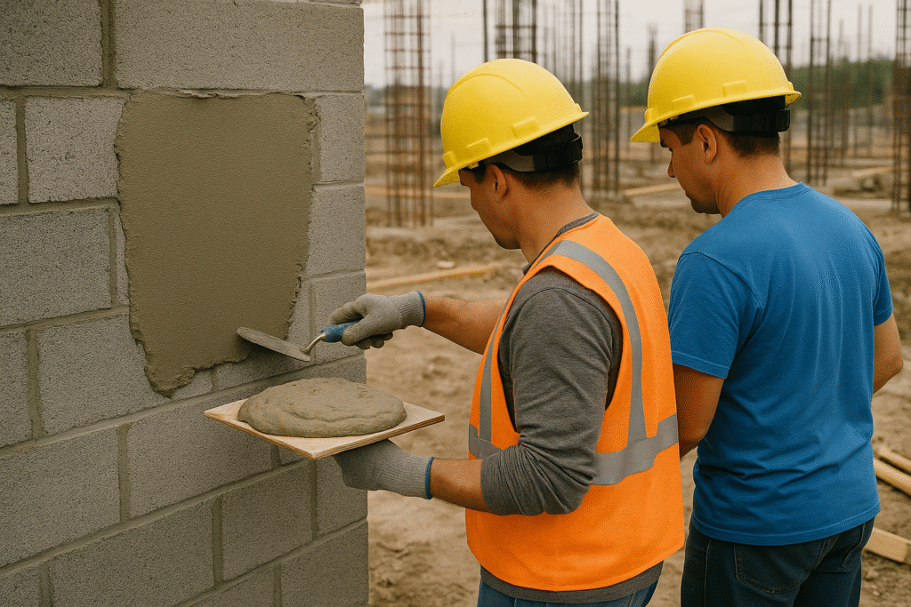 Extended workability period due to proper defoamer addition Workers applying mortar with extended workability time