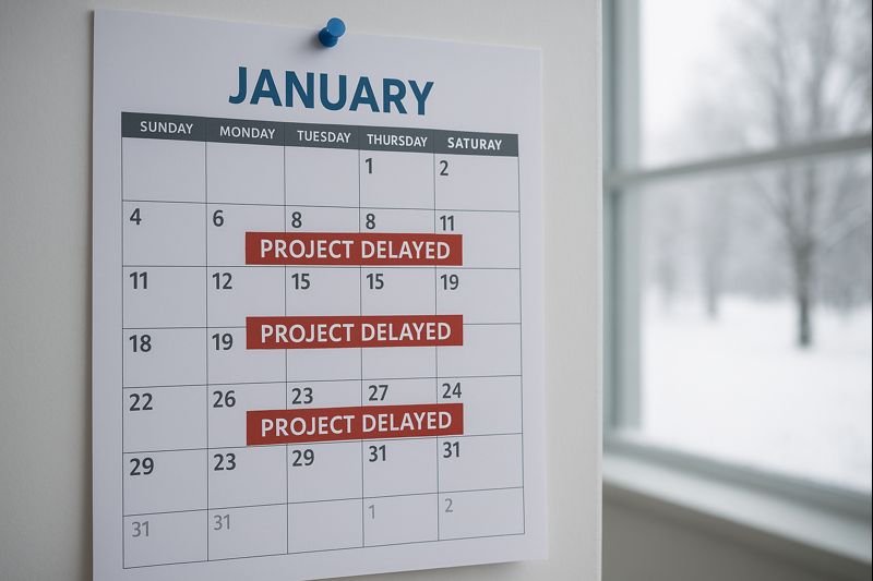 Construction calendar showing project delays in winter