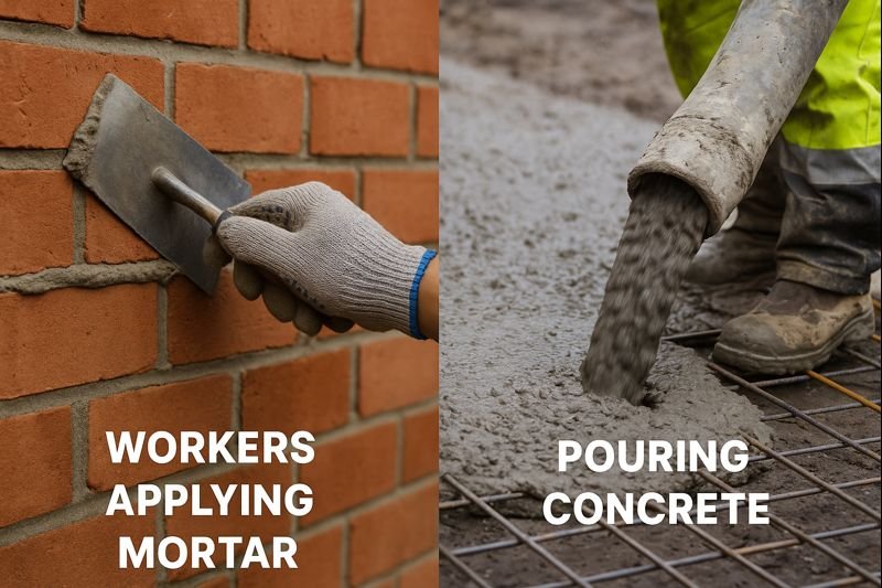 Workers applying mortar vs pouring concrete Different application methods