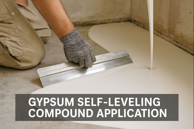 Gypsum self-leveling mortar being applied to floor gypsum self-leveling compound application