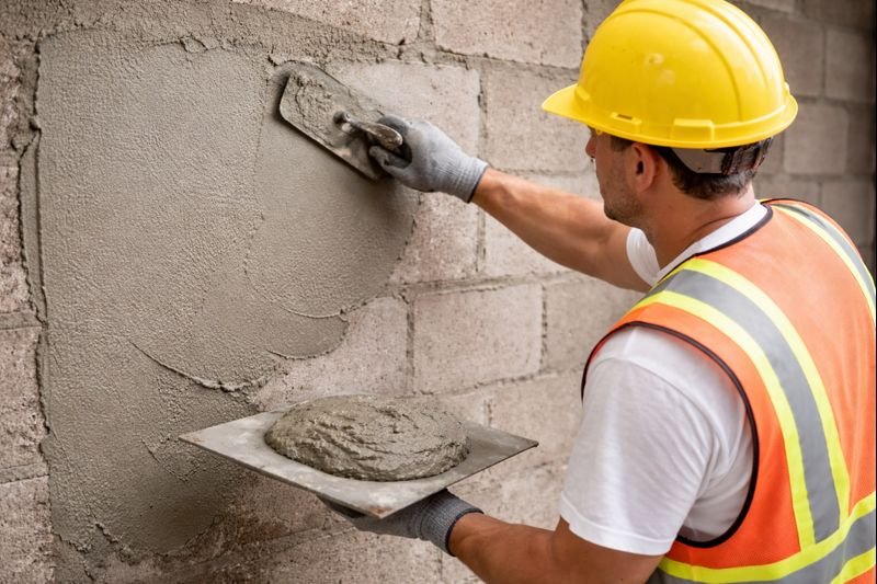 Construction worker applying HPMC-modified cement