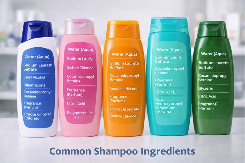 Various shampoo bottles showing ingredient lists common shampoo ingredients on shelf