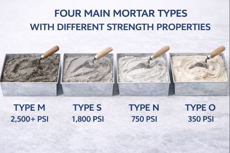 Comparison of mortar types M, S, N and O Four main mortar types with different strength properties