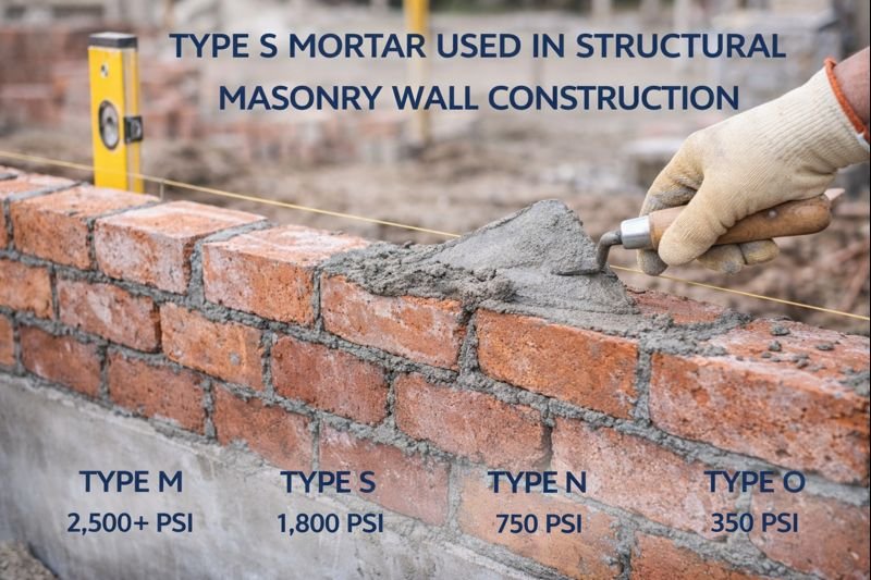 Type S mortar for structural applications Type S mortar used in structural masonry wall construction