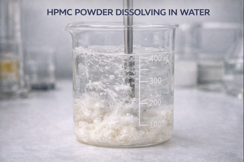 HPMC dissolution process showing proper dispersion HPMC powder dissolving in water
