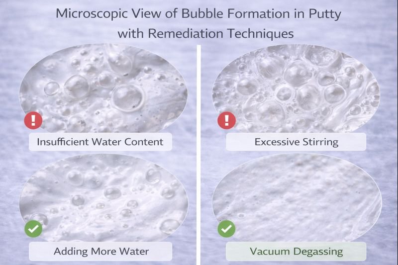 Microscopic view of bubble formation in putty with remediation techniques