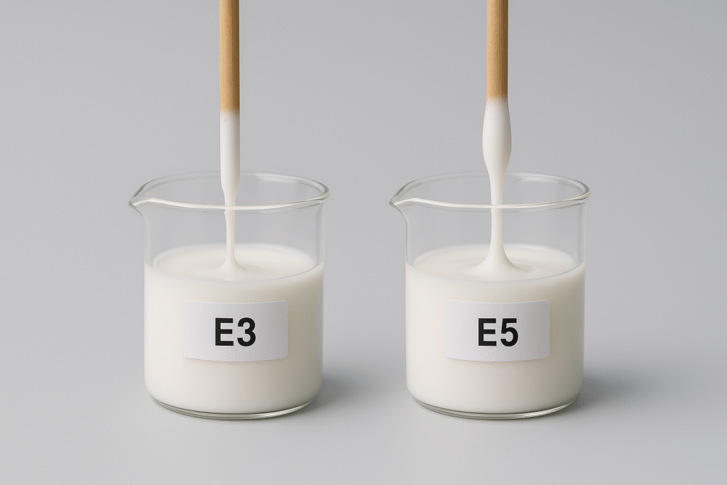 Visual demonstration of viscosity differences between E3 and E5 Viscosity comparison of E3 vs E5 HPMC