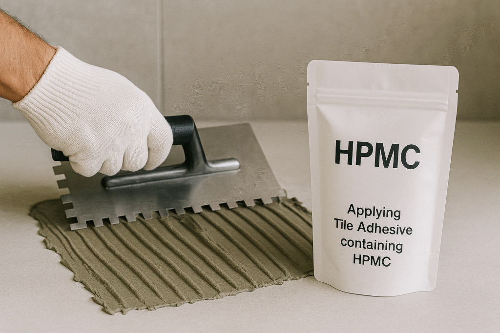 Applying tile adhesive containing HPMC Tile adhesive with HPMC being applied