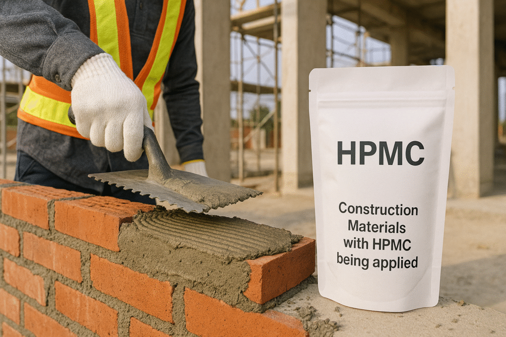 Construction materials with HPMC being applied Construction site using HPMC-enhanced materials