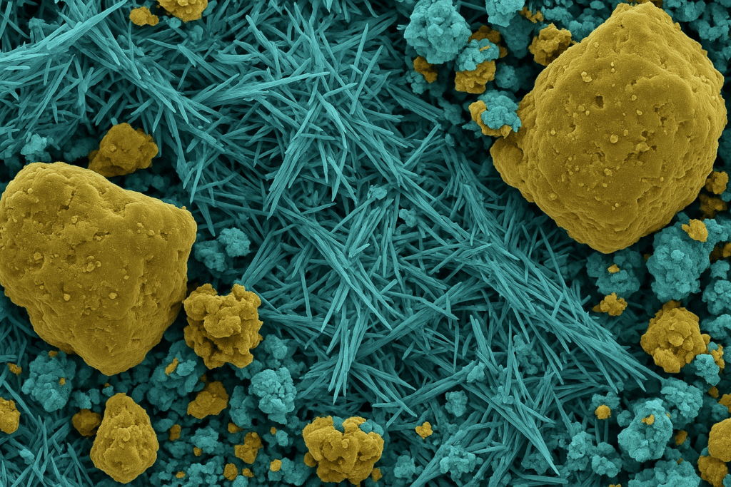 Microscopic image of C-S-H formation in cement Microscopic view of cement hydration