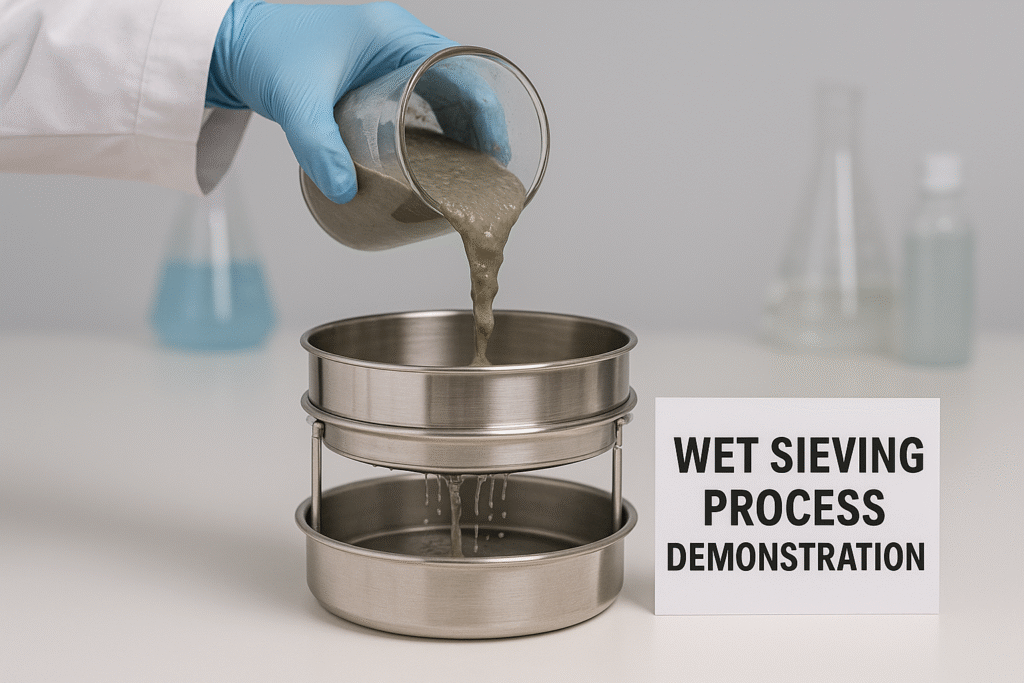 Wet sieving of mortar samples to collect PP fibers Wet sieving process demonstration