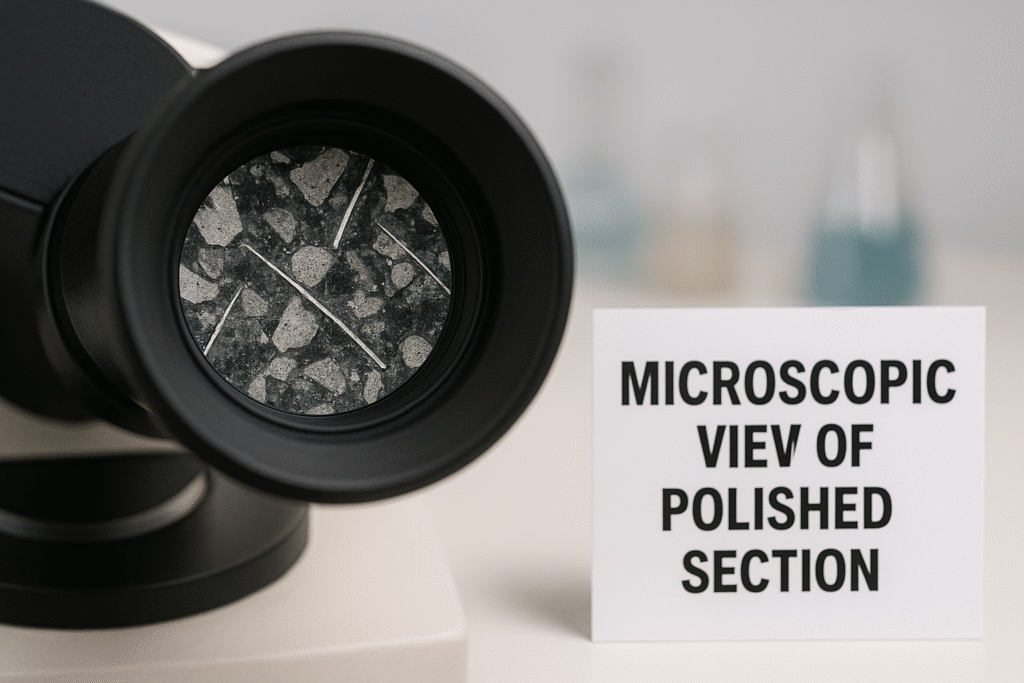 Microscopic analysis of PP fibers in hardened mortar section Microscopic view of polished section