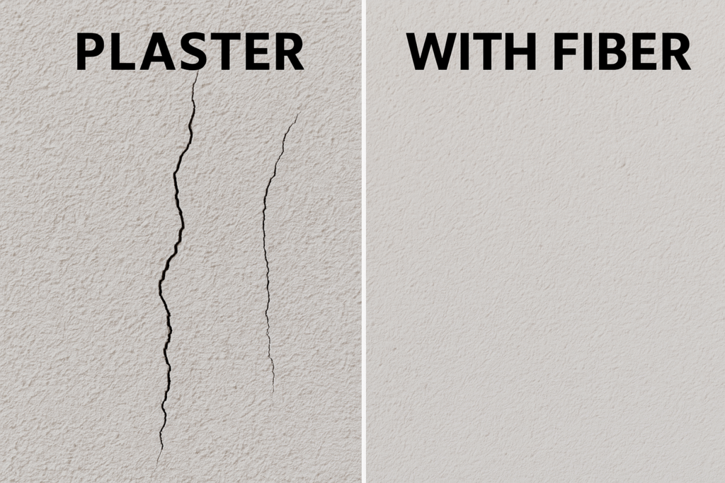 Crack reduction with fiber reinforcement Before and after comparison of fiber-reinforced plaster