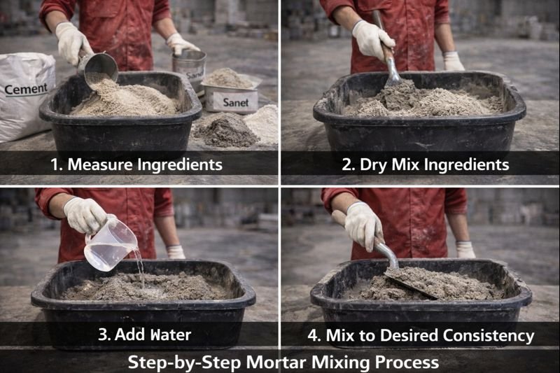 Step-by-step mortar mixing process