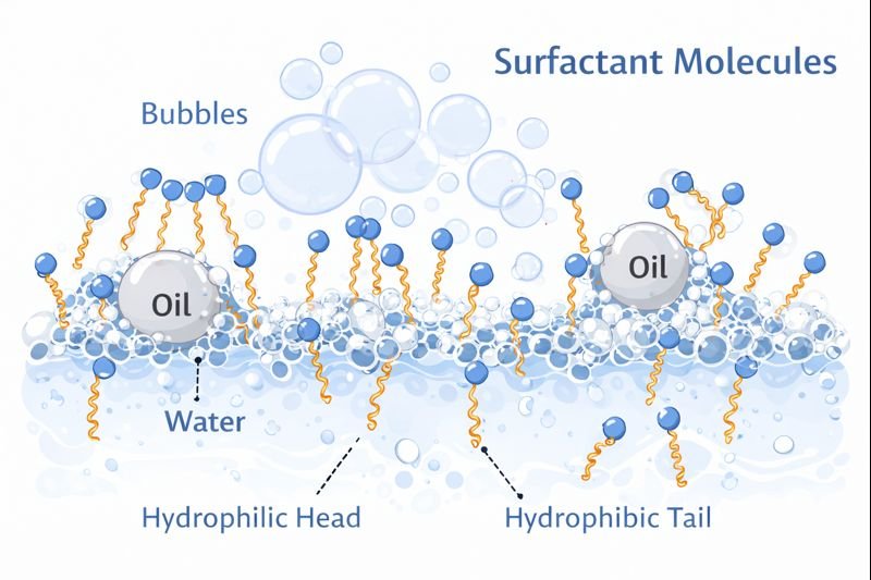 Diagram showing surfactant molecules